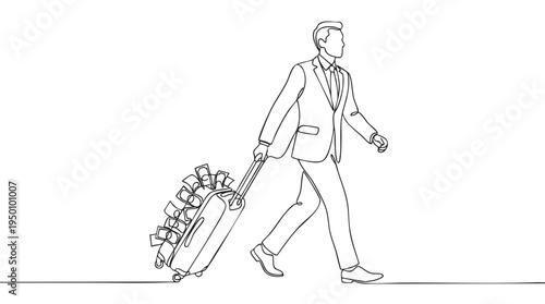A minimalist line drawing depicts a businessman walking and pulling a suitcase overflowing with banknotes, symbolizing wealth, success, and travel.