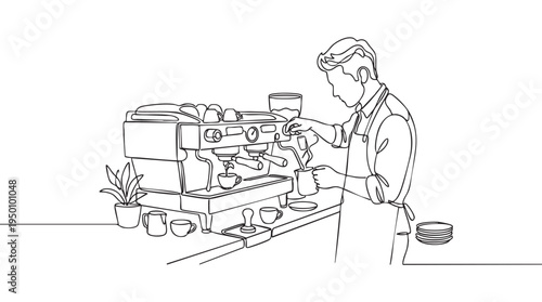 A simple line art illustration depicts a barista in an apron preparing coffee at a professional espresso machine, creating a modern and clean aesthetic.