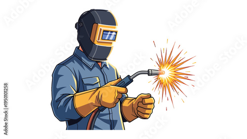 Welder at Work: A skilled welder, protected by a helmet and gloves, expertly directs the welding torch, creating a dazzling display of sparks against a neutral backdrop.