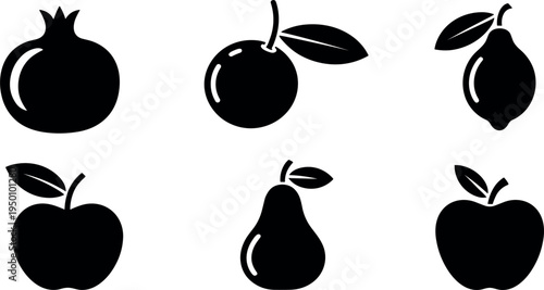 Silhouette of various fruit icons collection, organic food set with apple, pear, lemon, orange and pomegranate