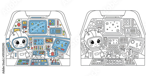 Cute cartoon alien astronaut in spaceship cockpit, colored and black outline coloring book page for kids vector illustration