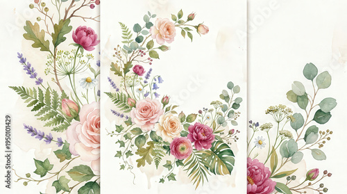 Elegant Floral Watercolor Design with Pink Roses and Green Foliage for Decorative Art