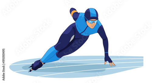 Speed skater in action on ice rink with blue and white stripes background