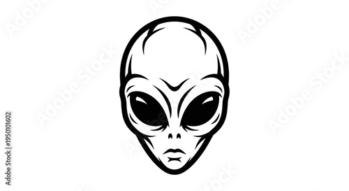 Stylized black and white illustration of an alien head on a white background