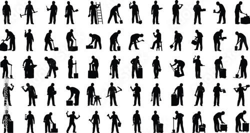 Construction workers silhouettes mega set, builders using ladder hammer drill and toolbox, manual labor workforce collection, industrial maintenance and repair vector illustration