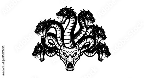 Stylized illustration of a multi headed serpent creature isolated on white