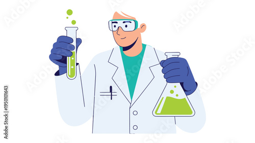 Scientific Exploration: An illustration of a scientist working diligently in a laboratory, conducting experiments with various beakers and test tubes filled with glowing green liquids.