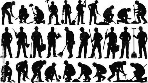 Construction workers silhouettes collection, builders digging and sweeping with shovel rake and hammer tools, manual labor workforce, industrial maintenance vector illustration