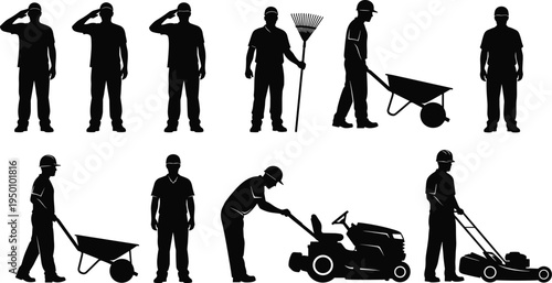 Gardener and maintenance worker silhouettes set, lawn care people with rake wheelbarrow and lawn mower, landscaping service collection, black vector illustration