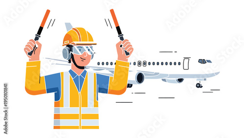 Aviation Marshal Guiding Aircraft: An airport marshaller, clad in safety gear, directs an airplane with illuminated wands.