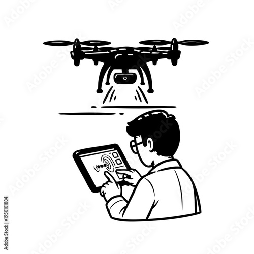 Drone Geomagnetic Survey Mapping  Scientist Monitoring Earth Magnetic Field Data on Tablet Silhouette Vector Illustration