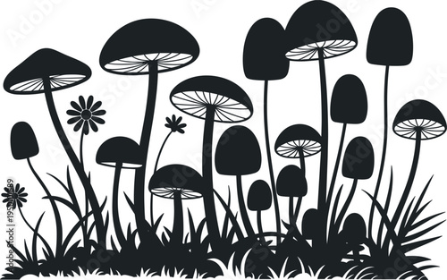 Silhouette of wild mushrooms in grass with flowers, organic forest nature landscape for autumn background design