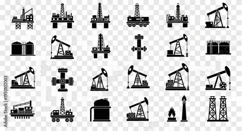 Oil and Gas Industry Icons - A Collection of Black and White Illustrations.