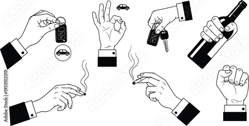 Hand gesture icons set, holding car keys cigarette bottle and signs, human actions symbols collection vector illustration