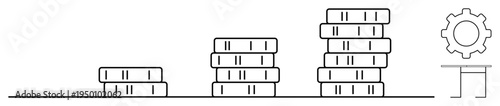 Financial growth, economic development, business strategy, wealth management, investment, progress. Stacked coins increasing in height with a gear. Financial growth and economic development concepts