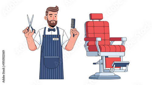 Barber at Work: An illustrated scene depicting a barber holding tools, standing next to a barber chair. It captures the essence of a professional barber. 