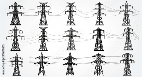Silhouetted Power Transmission Towers - A Grid of Energy Infrastructure.