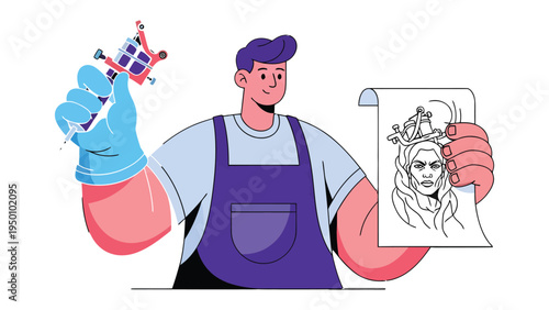 Art of skin design: A skilled artist, showcasing their passion with a tattoo gun, holds a design of a portrait of a person ready for body art.