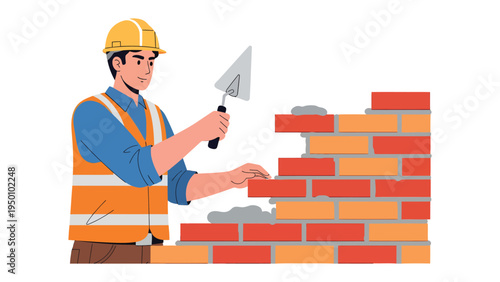 Construction Craftsman at Work: An industrious builder meticulously lays bricks, embodying the precision and dedication of construction. With a focused expression.