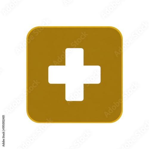 A modern, three-dimensional golden square with gently rounded corners features a stark black plus symbol centered prominently on its surface, on a Transparent Background