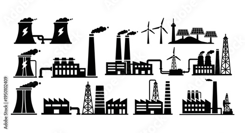 Silhouetted Industrial Landscape - Factories, Power Plants, and Renewable Energy Sources.
