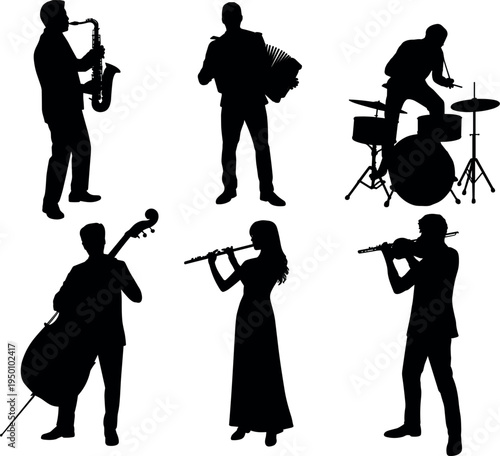 Silhouette of musical band people playing instruments, jazz orchestra with saxophone, drums, accordion, cello and flute
