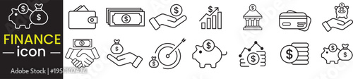 A set of outline icons representing financial concepts like money , banking and investment 