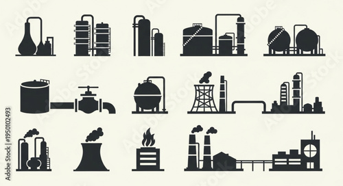 Silhouettes of Industrial Plants and Factories for Energy Production.