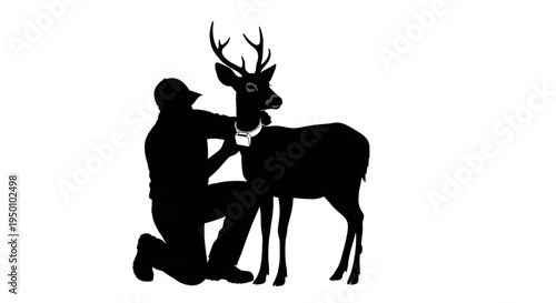 Wildlife biologist tagging deer with GPS tracking collar silhouette vector