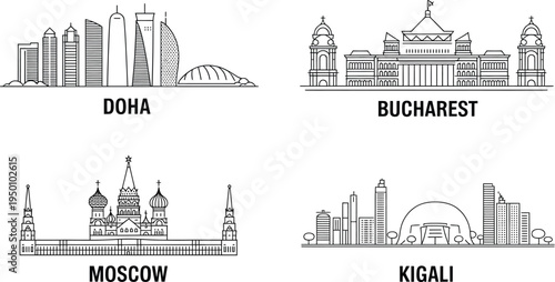 Capital city landmarks of doha bucharest moscow and kigali in thin line art architectural style
