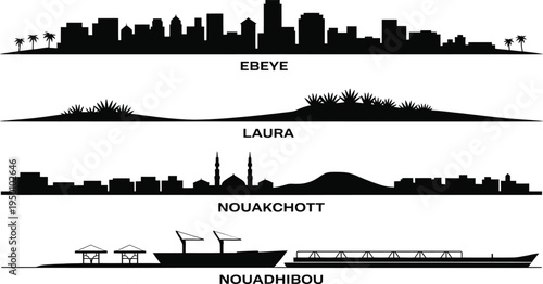 City skylines mosques and port scenes in silhouettes with city names labels.