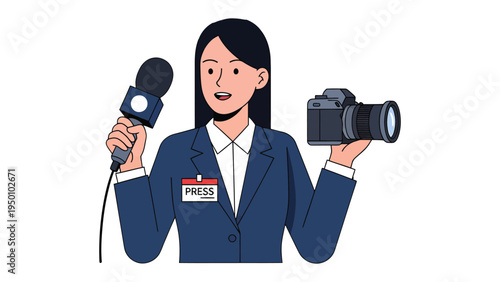 On-the-Scene Journalist: A focused journalist, impeccably dressed in a tailored suit, stands ready with a microphone and camera, poised to capture every moment.