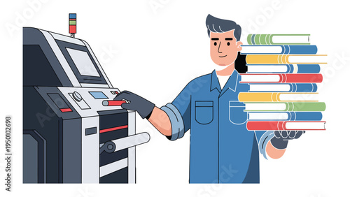 Precision in Publishing: An illustration captures the essence of a printing process, showing a skilled professional tending to a large printing machine.