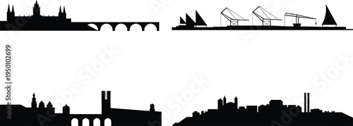Collection of eight distinct black silhouette city skylines and famous structures vector art