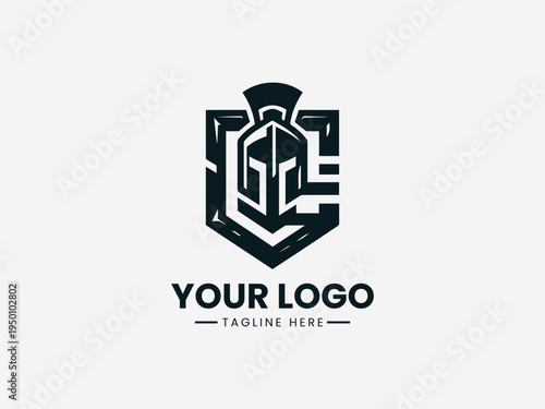 Black and white logo design on a shield with geometric patterns and placeholder text on a light background.