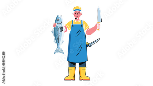 A Fishmonger's Display: A skilled fishmonger, wielding a knife, stands proudly with a fresh fish, poised to expertly prepare the day's catch, embodying the art of seafood.
