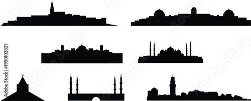 Diverse detailed vector silhouettes representing international architecture landmarks and generic city skylines