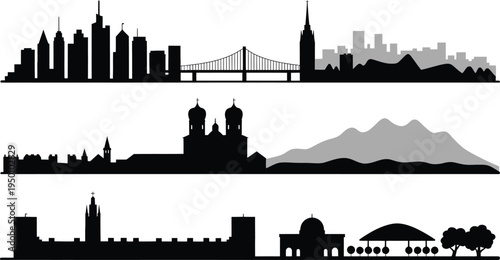European city skyline silhouettes displaying historical cathedrals and suspension bridge icons