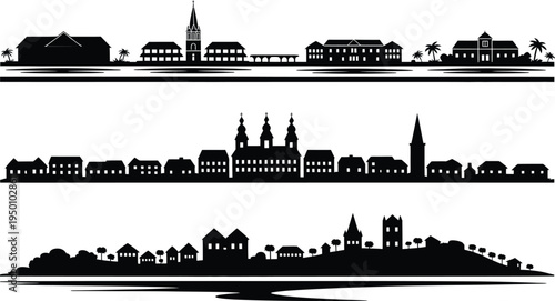 European town city skyline silhouette vector set shows churches and historic buildings
