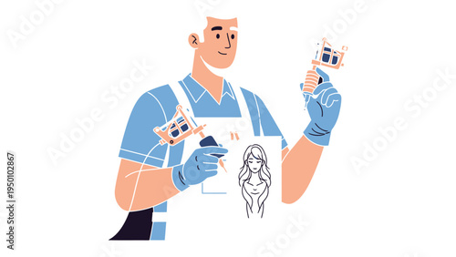 Tattoo Artist's Craft: An artist, gloved and focused, stands ready with a tattoo machine, alongside the art design, epitomizing the creative process.