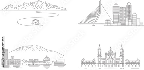 Faint and subtle grey line vector icons representing various city skylines and architecture