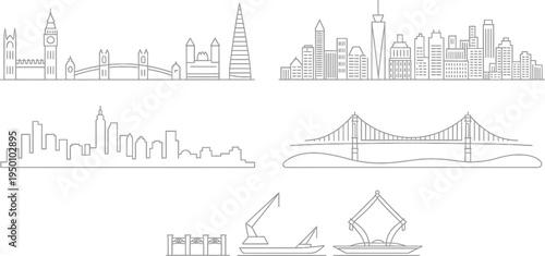 Famous world landmarks wireframe collection showing bridge outlines and city tower silhouettes
