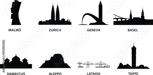 International city skyline silhouettes including zurich geneva basel damascus and taipei vector