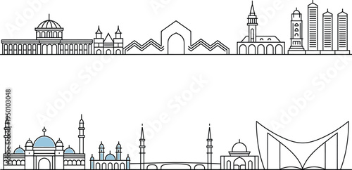 Islamic architecture skyline collection featuring line art mosque silhouettes and minarets set