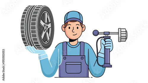 Mechanic and Tire Inspection: A skilled mechanic, equipped with professional tools, inspects a tire, representing quality automotive service and diligent vehicle care.