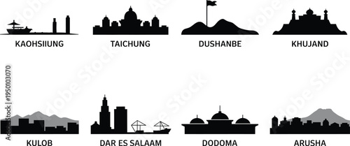Kaohsiung Taichung Dushanbe Khujand Kulob Dar es Salaam Dodoma Arusha vector cityscapes