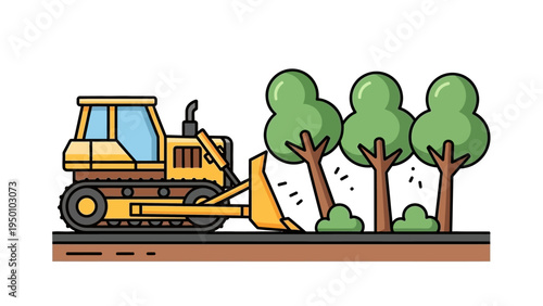 Yellow bulldozer clearing forested land, pushing over a tree for construction development, a vector illustration of industrial impact