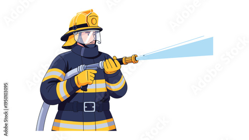 Brave Firefighter in Action: A heroic firefighter, clad in protective gear, stands firm as they wield a powerful hose, directing a stream of water with unwavering resolve.