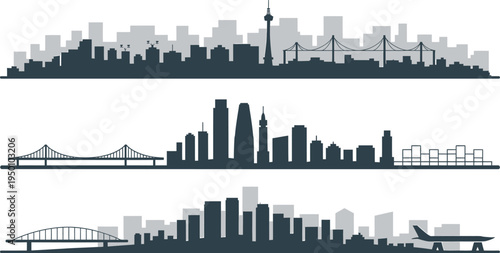 Modern city skylines bridges skyscrapers and aerial view in dark blue silhouettes.