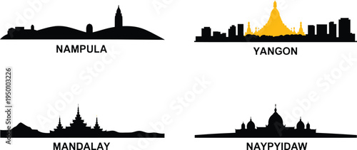 Nampula Yangon Mandalay Naypyidaw detailed vector city skylines and famous landmarks silhouettes collection
